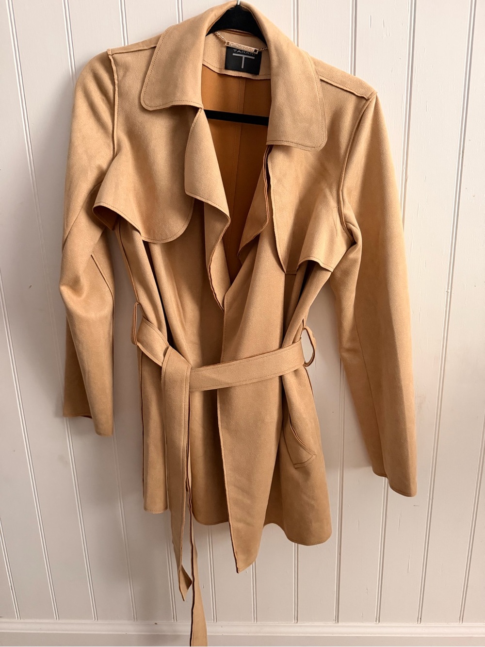 Tahari Faux Suede Belted Draped Trench Coat - Camel/Beige - Size Small